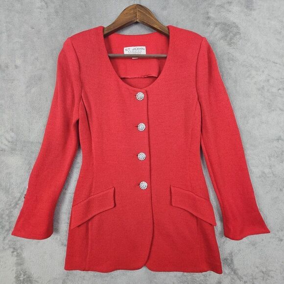St. John‎ Evening Marie Gray Sweater Coat Women's 4 Red Rhinestone Button Formal